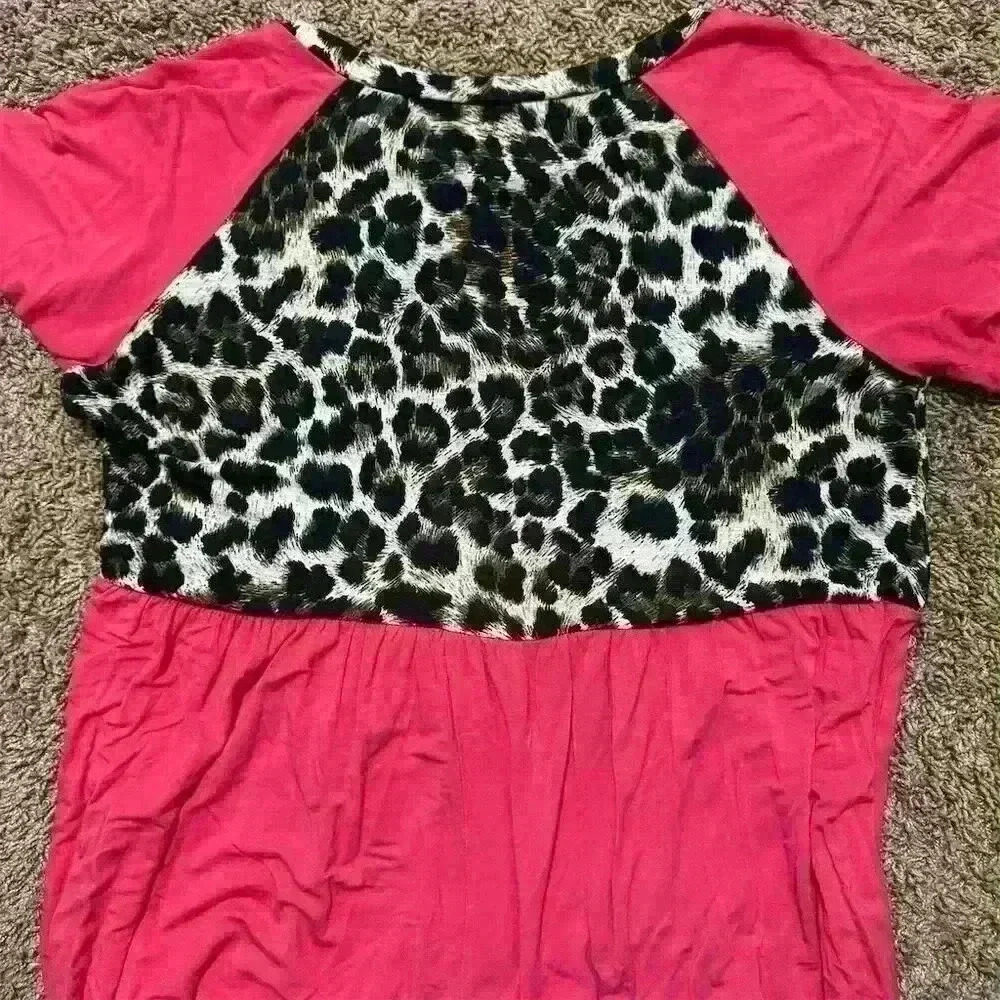 Hot Pink & Leopard Print Babydoll Top Size M Short Sleeve - Picture 4 of 4